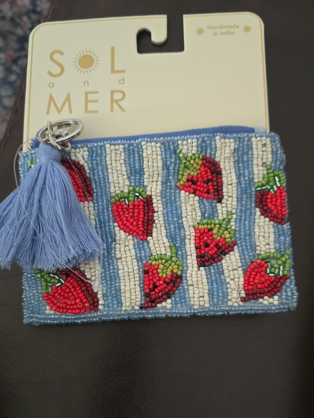 Sol and Mer Blue Beaded Strawberry Card Wallet with Tassel